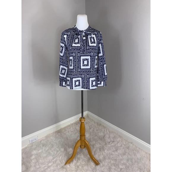 Vintage 70s Bold Geo Graphic Blue White PUS8Y Bow Lilac Mood Style Buttons ~SZ M - Picture 8 of 13